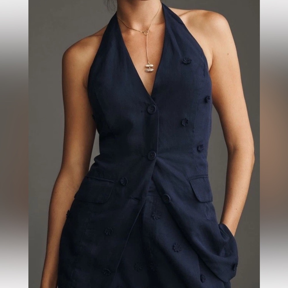 Navy Halter Button-Front Top